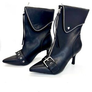 Black Faux Leather Heeled Ankle Boots Zipper Silver Buckle Point Toe 6.5